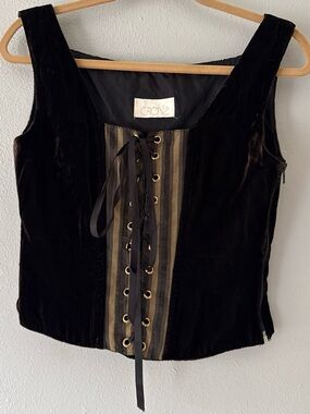 Vintage Cache Black Velvet Lace-Up Corset Top with Striped Front